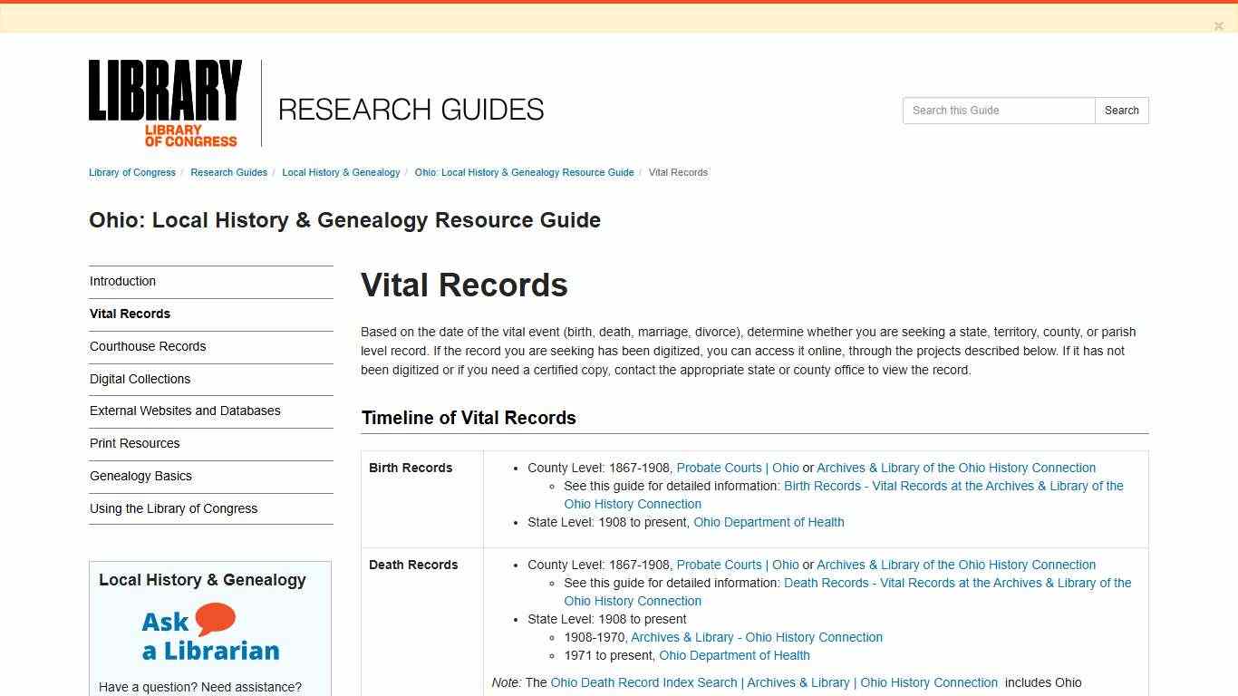 Vital Records - Ohio: Local History & Genealogy Resource Guide - Research Guides at Library of Congress